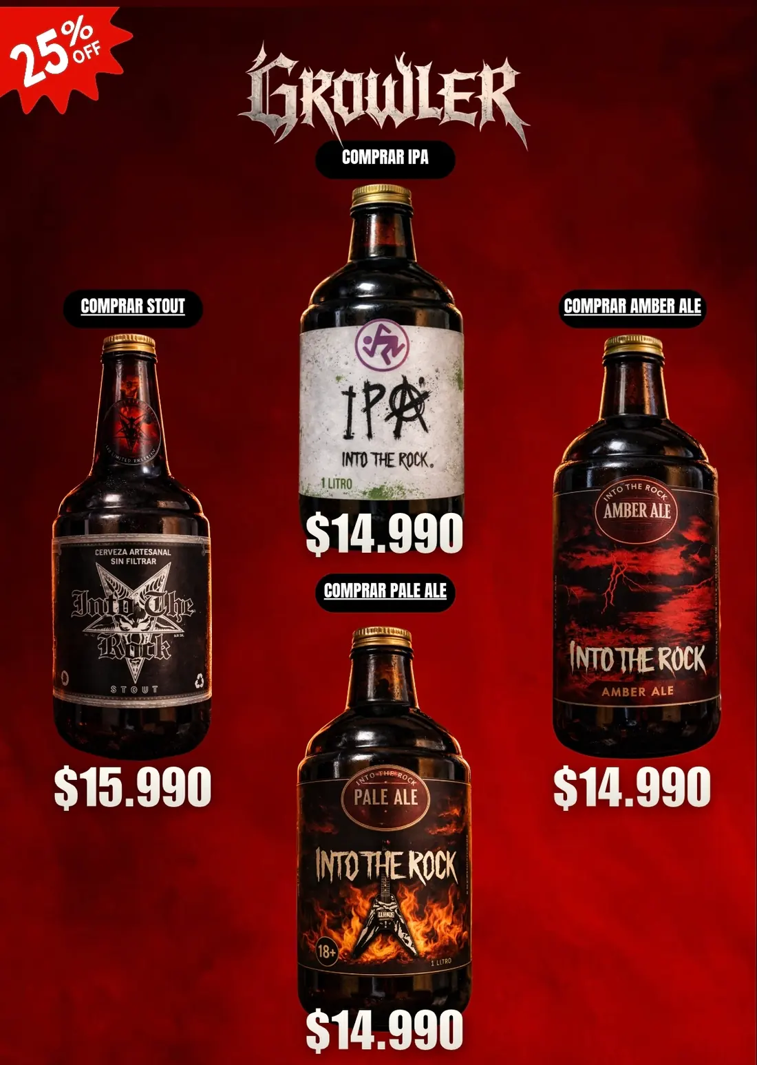 Growler 1 litro Into The Rock: Stout, IPA, Pale Ale y Amber Ale